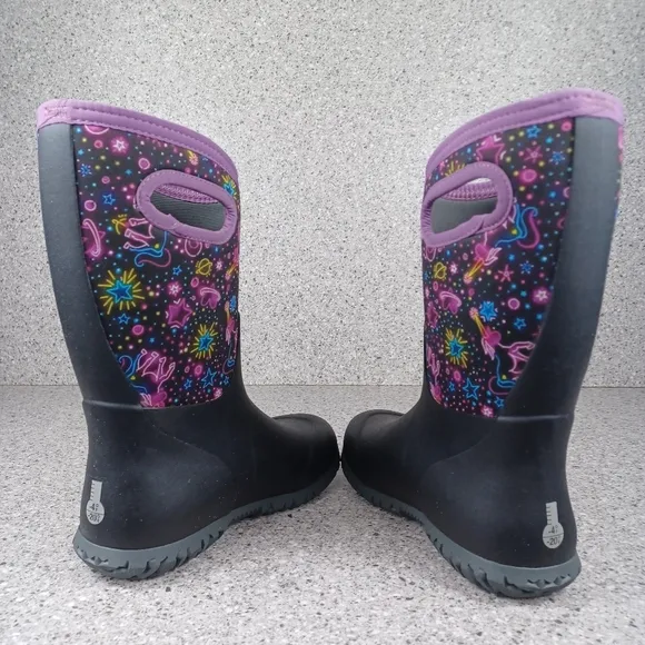 BOGS York Neon Unicorn Kids Black and Purple Rain Boots Shoes