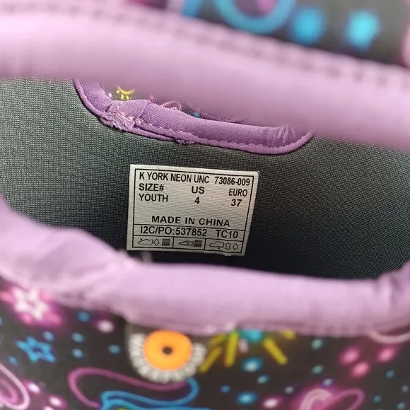 BOGS York Neon Unicorn Kids Black and Purple Rain Boots Shoes