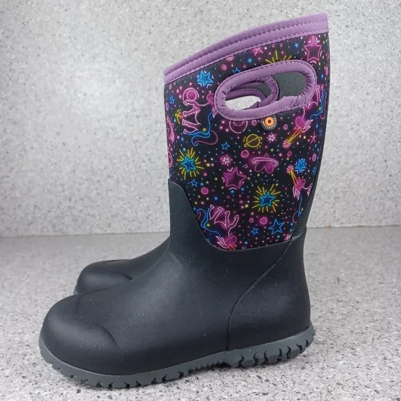 BOGS York Neon Unicorn Kids Black and Purple Rain Boots Shoes