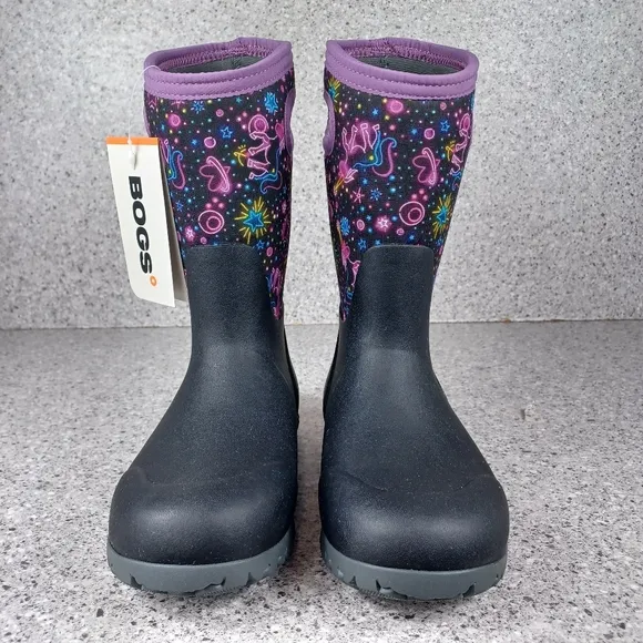 BOGS York Neon Unicorn Kids Black and Purple Rain Boots Shoes