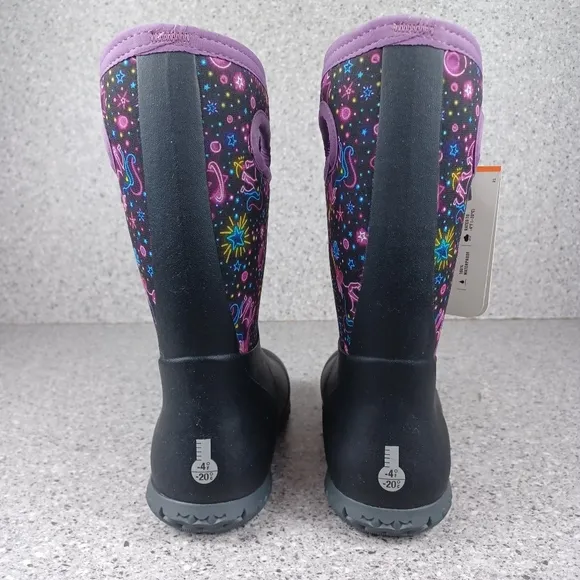 BOGS York Neon Unicorn Kids Black and Purple Rain Boots Shoes
