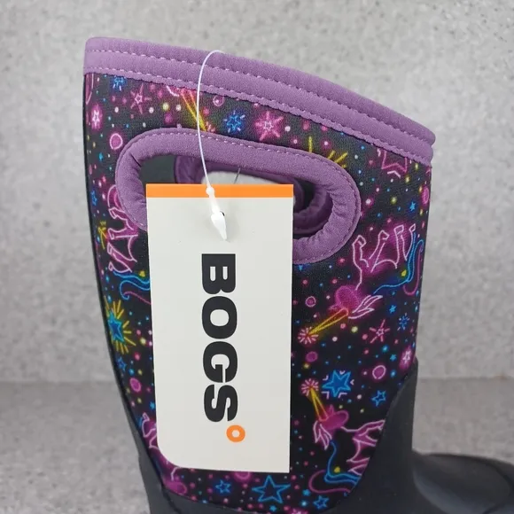 BOGS York Neon Unicorn Kids Black and Purple Rain Boots Shoes