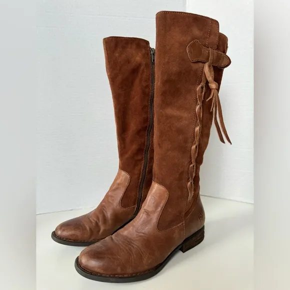 Born Cook Brown Leather Suede Tall Braided Riding Boots Women’s size 7