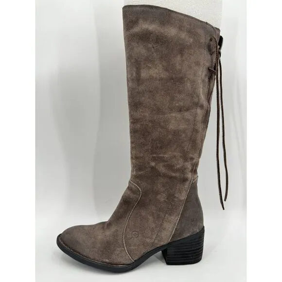 BORN Felicia Gray Brown Suede Lace Back Heeled Boots Size 8.5
