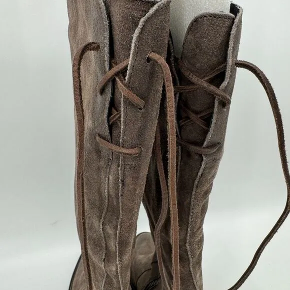 BORN Felicia Gray Brown Suede Lace Back Heeled Boots Size 8.5