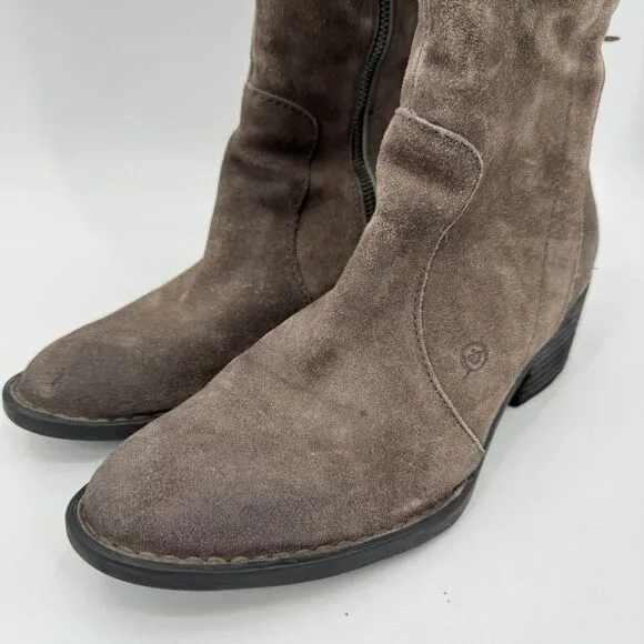 BORN Felicia Gray Brown Suede Lace Back Heeled Boots Size 8.5