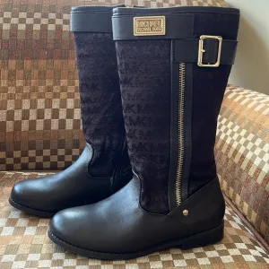 Brand New Michael Kors Girls Dark Brown Zip Up Tall Boots w/ Gold Tone Accents