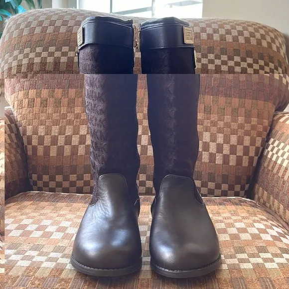 Brand New Michael Kors Girls Dark Brown Zip Up Tall Boots w/ Gold Tone Accents