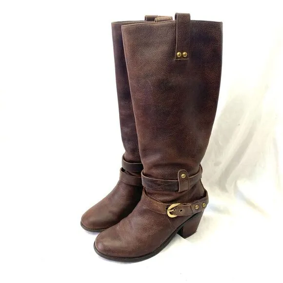 Brown Leather Miz Mooz Pull On Tall Harness studded Heeled Riding Boot Womens 10