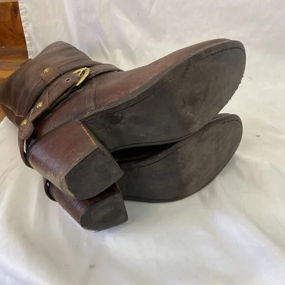 Brown Leather Miz Mooz Pull On Tall Harness studded Heeled Riding Boot Womens 10