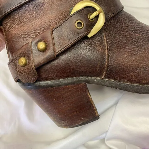 Brown Leather Miz Mooz Pull On Tall Harness studded Heeled Riding Boot Womens 10