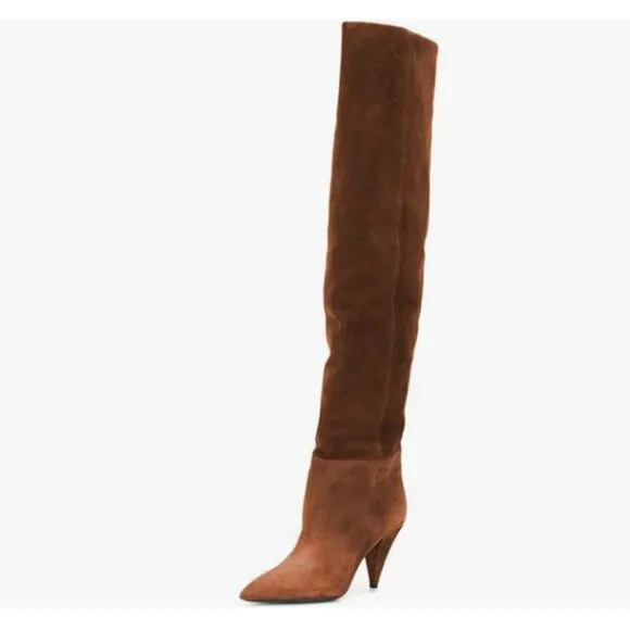 Brown Sassy Cone Heels Thigh High Boots for Women Over The Knee Stretchy Shoes