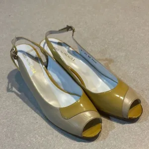 BRUNO MAGLI Luz Carrera Beige Leather Low Wedge Slingback Peep Toe Shoes