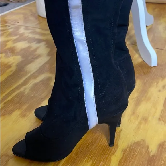 Burju official dance Boots Thigh high black vegan suede with white stripes.7.5