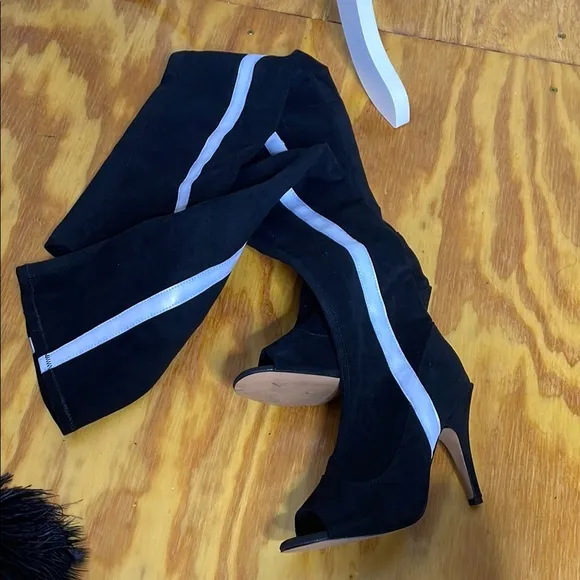 Burju official dance Boots Thigh high black vegan suede with white stripes.7.5