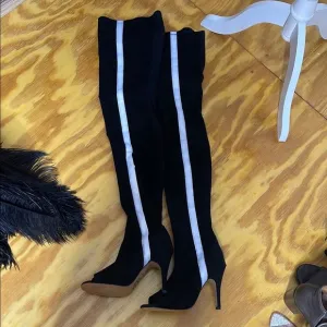 Burju official dance Boots Thigh high black vegan suede with white stripes.7.5