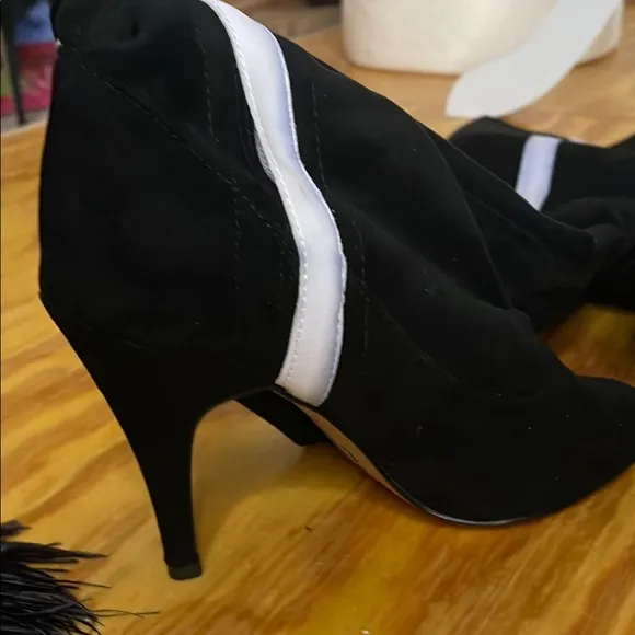 Burju official dance Boots Thigh high black vegan suede with white stripes.7.5