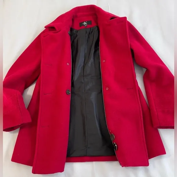 Calvin Klein Wool Blend Red Double Breasted Peacoat Coat‎ Women's Size Medium