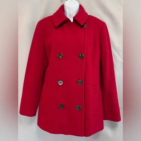 Calvin Klein Wool Blend Red Double Breasted Peacoat Coat‎ Women's Size Medium