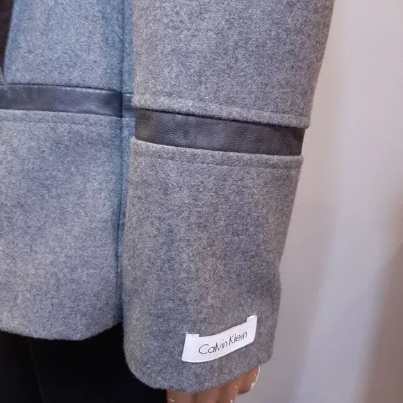 CALVIN KLEIN Wool Jacket Faux Leather Trim Double Breasted Military Pea Coat