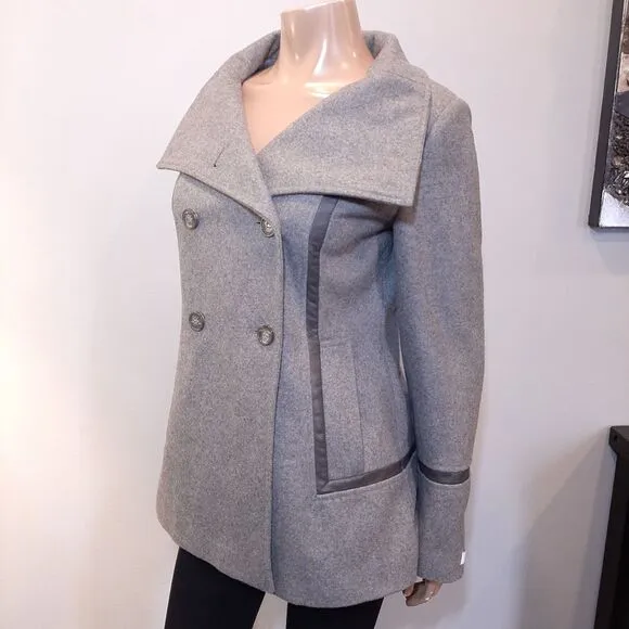 CALVIN KLEIN Wool Jacket Faux Leather Trim Double Breasted Military Pea Coat