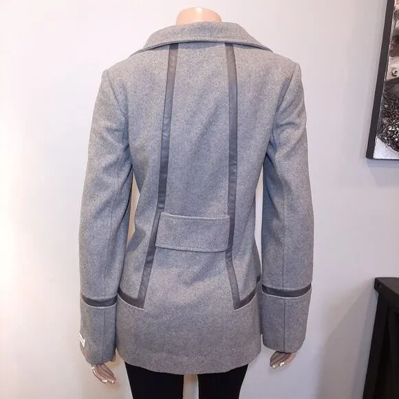 CALVIN KLEIN Wool Jacket Faux Leather Trim Double Breasted Military Pea Coat