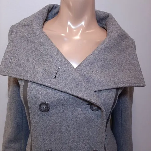 CALVIN KLEIN Wool Jacket Faux Leather Trim Double Breasted Military Pea Coat