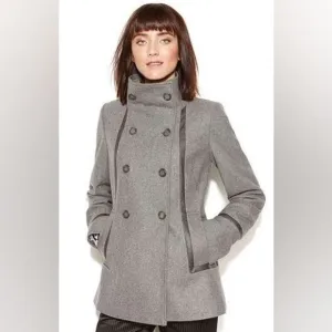 CALVIN KLEIN Wool Jacket Faux Leather Trim Double Breasted Military Pea Coat