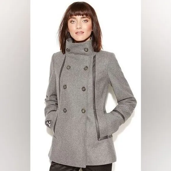 CALVIN KLEIN Wool Jacket Faux Leather Trim Double Breasted Military Pea Coat