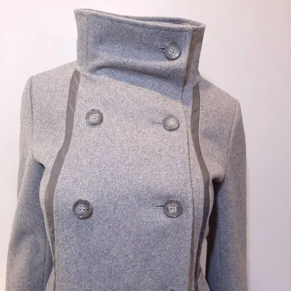 CALVIN KLEIN Wool Jacket Faux Leather Trim Double Breasted Military Pea Coat