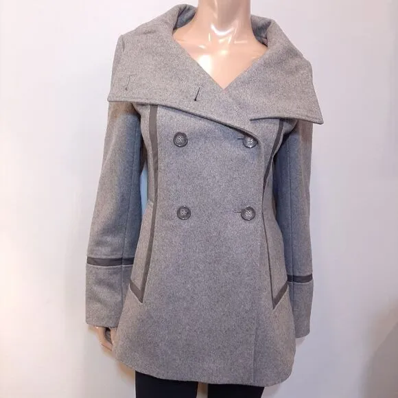 CALVIN KLEIN Wool Jacket Faux Leather Trim Double Breasted Military Pea Coat