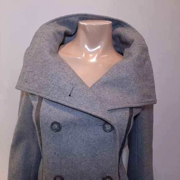 CALVIN KLEIN Wool Jacket Faux Leather Trim Double Breasted Military Pea Coat