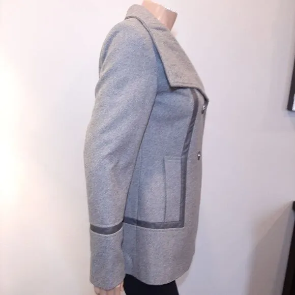 CALVIN KLEIN Wool Jacket Faux Leather Trim Double Breasted Military Pea Coat