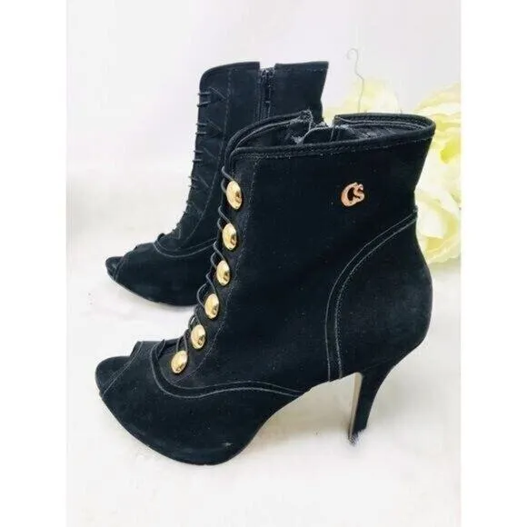 Carmen Steffens Stiletto Bootie Black Military Style Guilded Button Peep Toe, 7