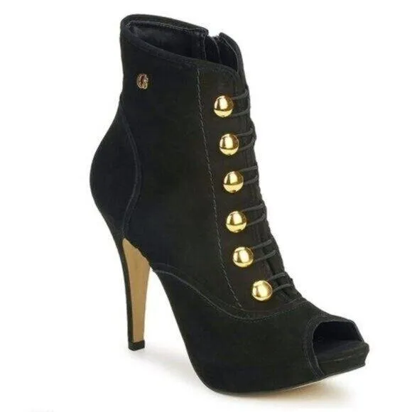 Carmen Steffens Stiletto Bootie Black Military Style Guilded Button Peep Toe, 7