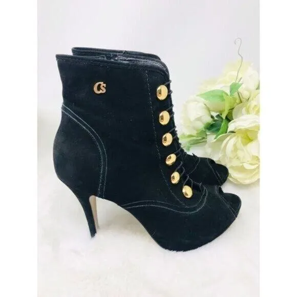 Carmen Steffens Stiletto Bootie Black Military Style Guilded Button Peep Toe, 7