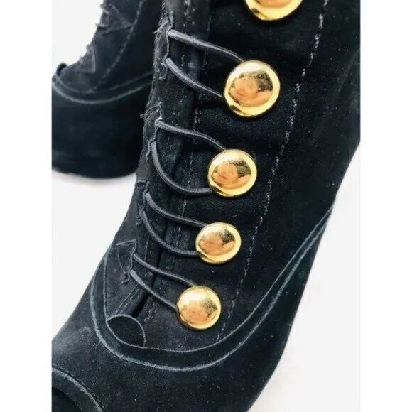 Carmen Steffens Stiletto Bootie Black Military Style Guilded Button Peep Toe, 7