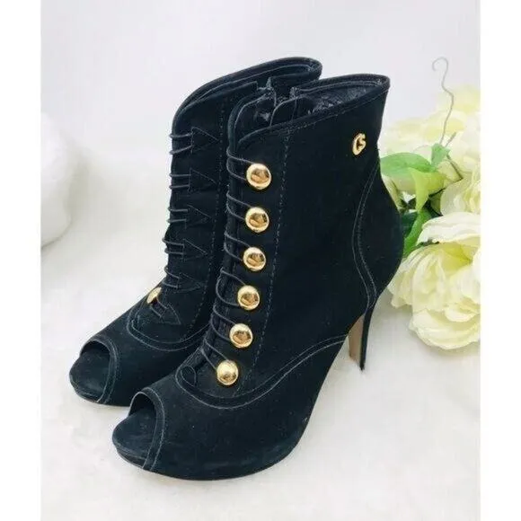 Carmen Steffens Stiletto Bootie Black Military Style Guilded Button Peep Toe, 7