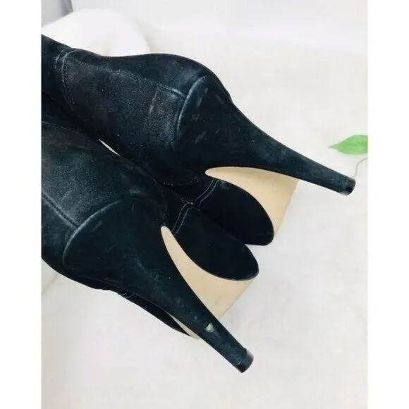 Carmen Steffens Stiletto Bootie Black Military Style Guilded Button Peep Toe, 7