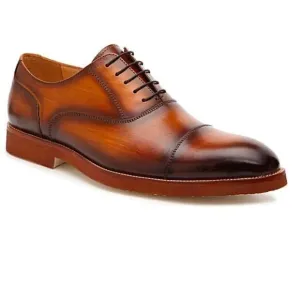 Carrucci Mens Carson Cognac Brown Leather Cap Toe Oxford Dress Shoes Size 9