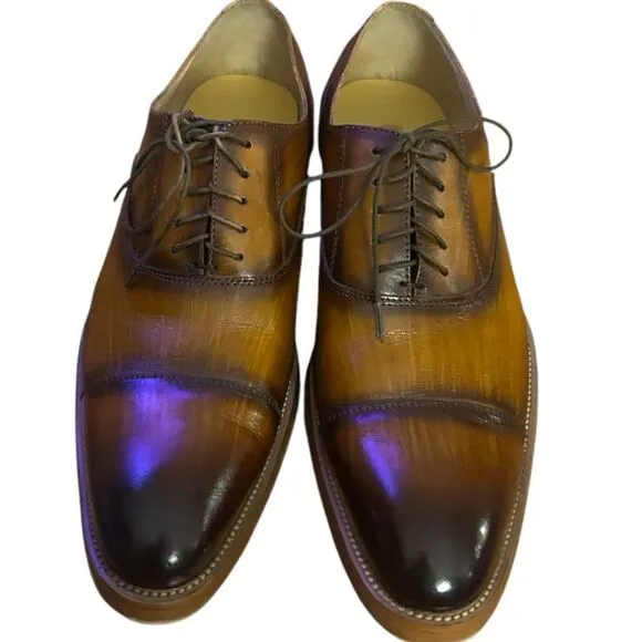 Carrucci Mens Carson Cognac Brown Leather Cap Toe Oxford Dress Shoes Size 9