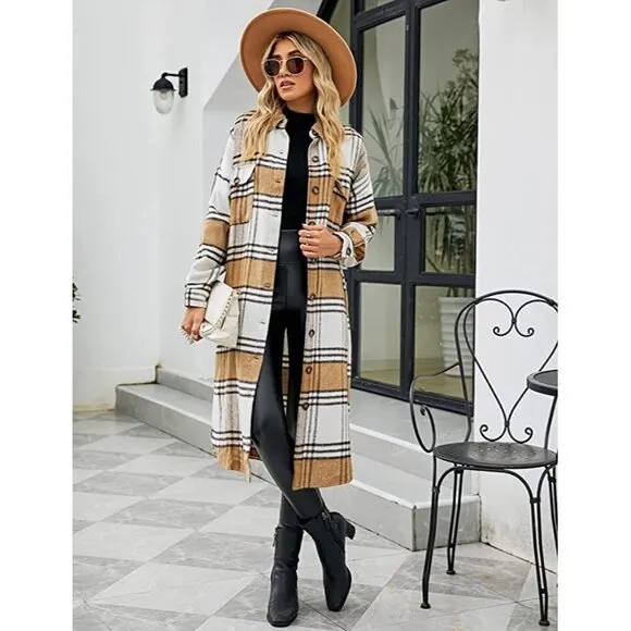 𝅺CASUAL Tan Plaid Button Down Long Puff Sleeve Trench Coat Jacket Shacket Wool