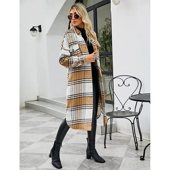 𝅺CASUAL Tan Plaid Button Down Long Puff Sleeve Trench Coat Jacket Shacket Wool