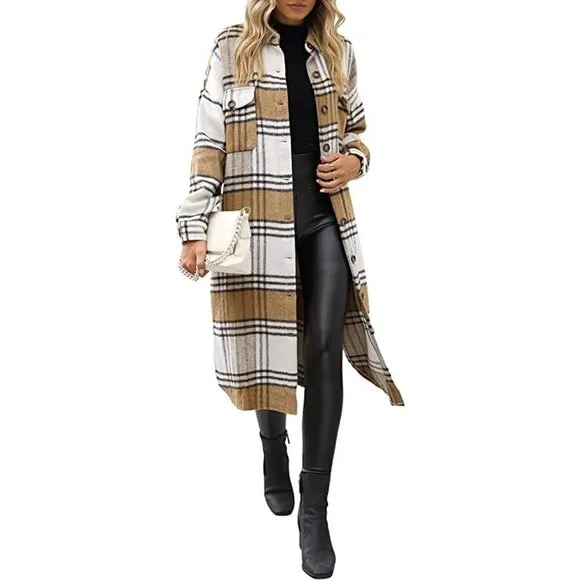 𝅺CASUAL Tan Plaid Button Down Long Puff Sleeve Trench Coat Jacket Shacket Wool