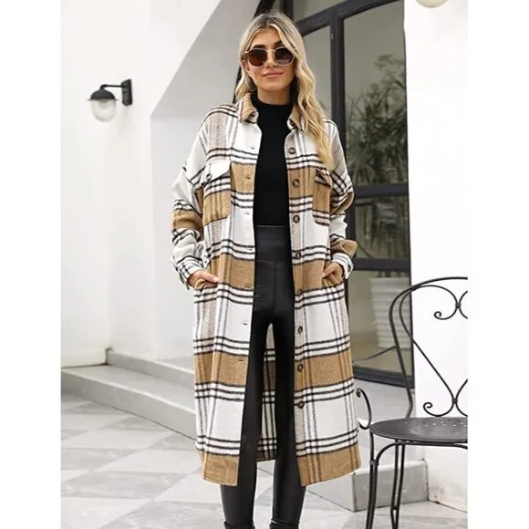 𝅺CASUAL Tan Plaid Button Down Long Puff Sleeve Trench Coat Jacket Shacket Wool