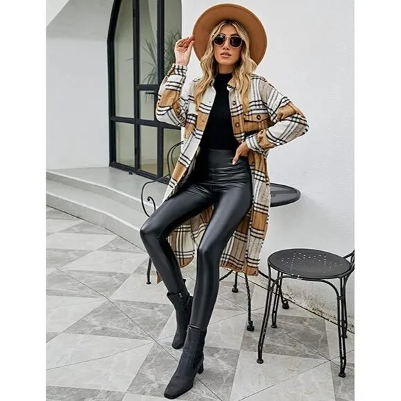 𝅺CASUAL Tan Plaid Button Down Long Puff Sleeve Trench Coat Jacket Shacket Wool
