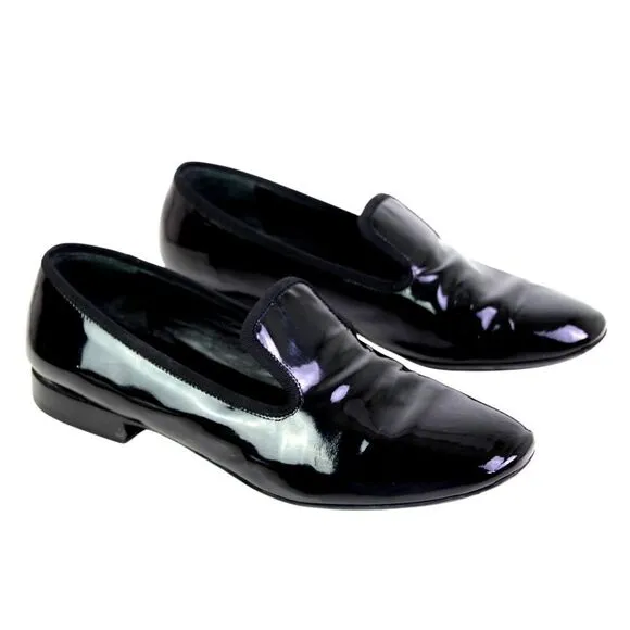 CELINE PATENT BLACK GENUINE LEATHER LOW HEEL ROUND TOE SLIP ON LOAFER SHOES 38