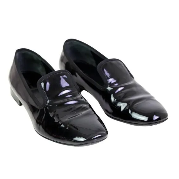 CELINE PATENT BLACK GENUINE LEATHER LOW HEEL ROUND TOE SLIP ON LOAFER SHOES 38