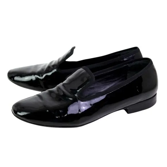CELINE PATENT BLACK GENUINE LEATHER LOW HEEL ROUND TOE SLIP ON LOAFER SHOES 38