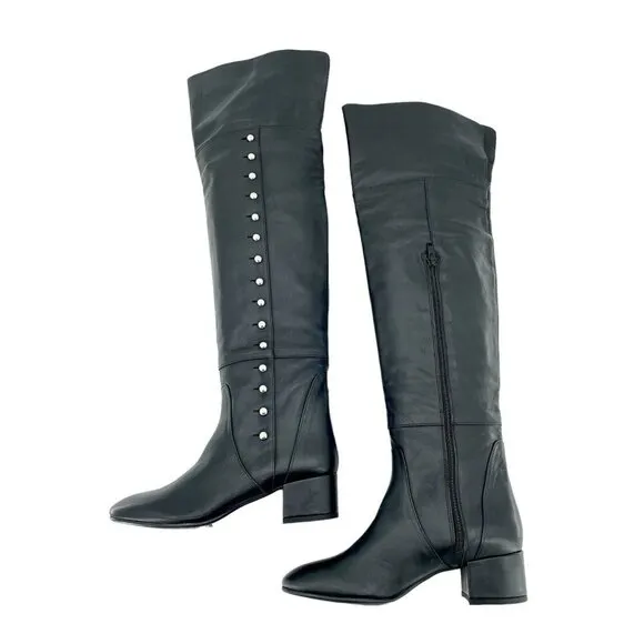 Charles David Boots Black Leather Over-The-Knee Studded Military SZ 6.5 NEW